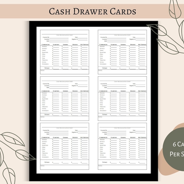 Cash Reconcilaton Card | US Letter | Money Drawer Tracker | Cash Envelopes | Cashier | Cash Drawer | Cash Count Sheet | Cash Withdraw