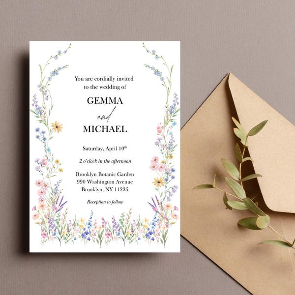 Garden Party Wedding Invitation Template • Wildflower Watercolor Invite Suite • Editable Canva Template • Rustic Boho Wedding Download