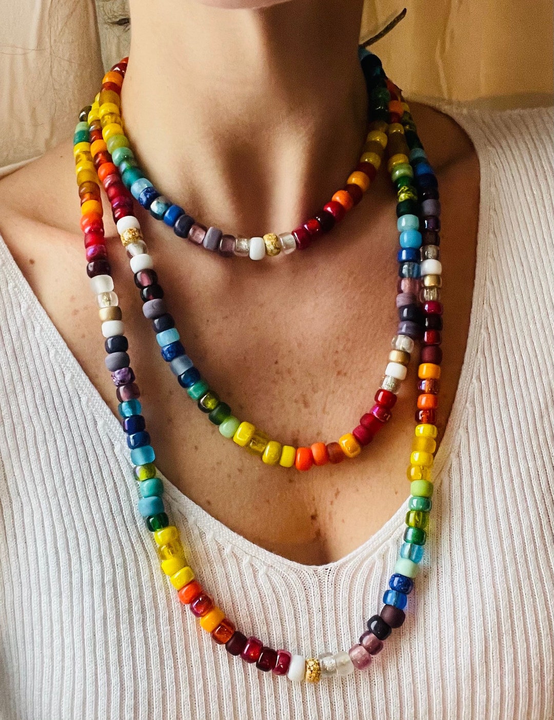 Big Pony Bead Necklace, Tie On, Glass Pony Beads, Rainbow Necklace