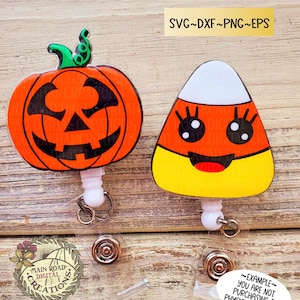Acrylic Shape Badge Reel SVG Bundle-3 Designs-Pumpkin and Candy Corn Halloween SVG-Badge Reel SVG Shapes for 3rd Degree Laser Blanks