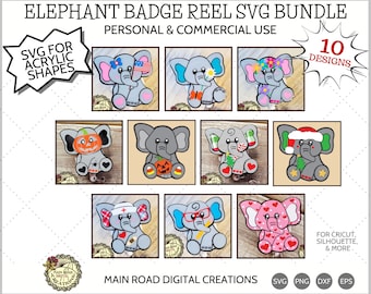 Acrylic Shape Elephant Badge Reel SVG Bundle-10 Elephant Designs for Badge Reels for Acrylic Shapes from 3rd Degree Laser Blanks