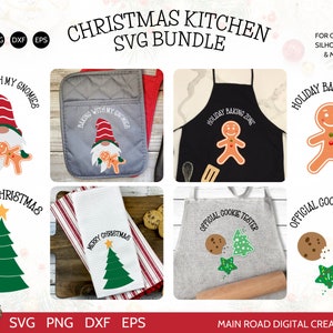 May include: A digital download bundle of 8 Christmas kitchen SVG designs. The designs include a gnome baking with gnomes, a gingerbread man, a Christmas tree, and a cookie tester. The designs are perfect for creating custom t-shirts, mugs, tote bags, and more.