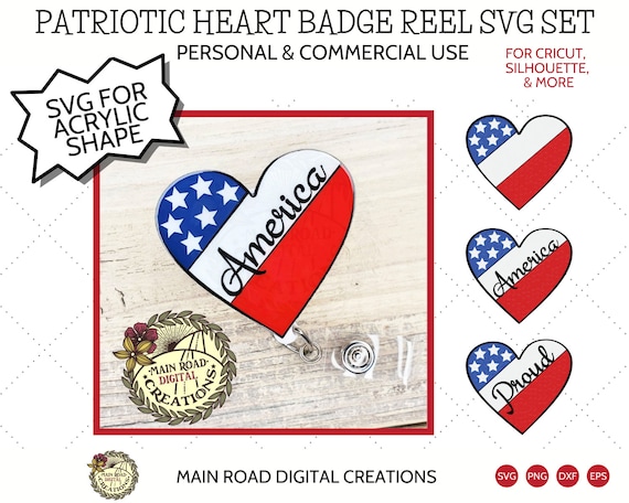 Acrylic Badge Reel Shape SVG Bundle-patriotic Heart America Red