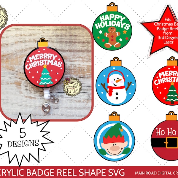 Acrylic Shape Christmas Bulb Badge Reel SVG Bundle- 5 Variations of Christmas Designs to Fit Acrylic Badge Reel Shapes-Name Tag