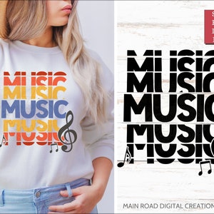 May include: A digital design featuring the word "MUSIC" repeated in a layered, retro style with a treble clef and musical notes. The design is in black and white and is suitable for use on t-shirts, mugs, and other merchandise.