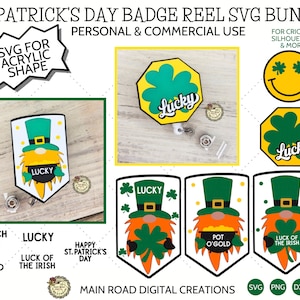 Pode incluir: Um pacote digital de arquivos SVG para designs de rolos de crachá do Dia de São Patrício. Os designs incluem um duende, um pote de ouro, trevos e o texto "Lucky".