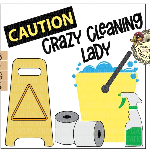 Housekeeping-Janitor-Custodian-Crazy Cleaning Lady-Badge Reel-SVG-Caution-Mop Bucket-Toilet Paper-File-Digital Download-Cricut Silhouette