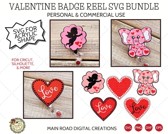 Acrylic Shape Valentine's Day Badge Reel SVG Bundle-cupid-elephant-love  Heart-badge Reel SVG for Acrylic Shapes From 3rd Degree Laser Blanks 