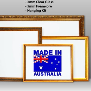May include: Three ornate gold wood picture frames of different sizes. The smallest frame has a white background with the text "MADE IN AUSTRALIA" and a blue Australian flag.