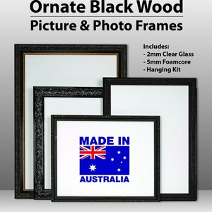Ornate Black Timber Frames Wooden Photo Frames, Home Office Room Decoration with Glass - A4, A3, 8x10", 8x12", 10x13", 11x14" & 12x18" Sizes