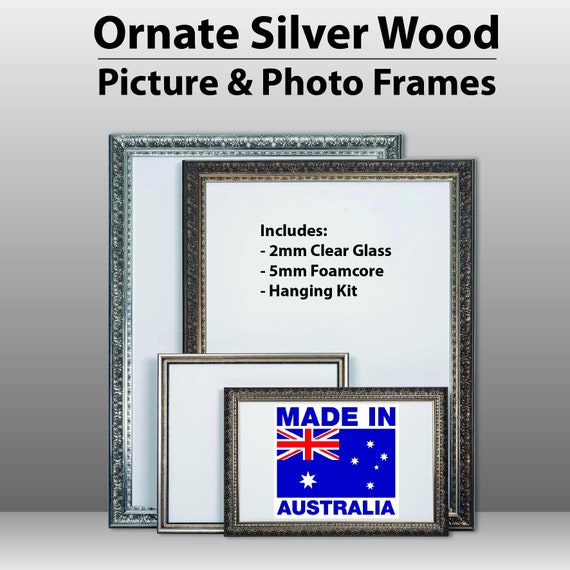 Ornate Silver Timber Frames Handmade Wooden Photo Picture Frame, Home Office Wall Art - A4, A3, 8x10", 8x12", 10x13", 11x14" & 12x18"