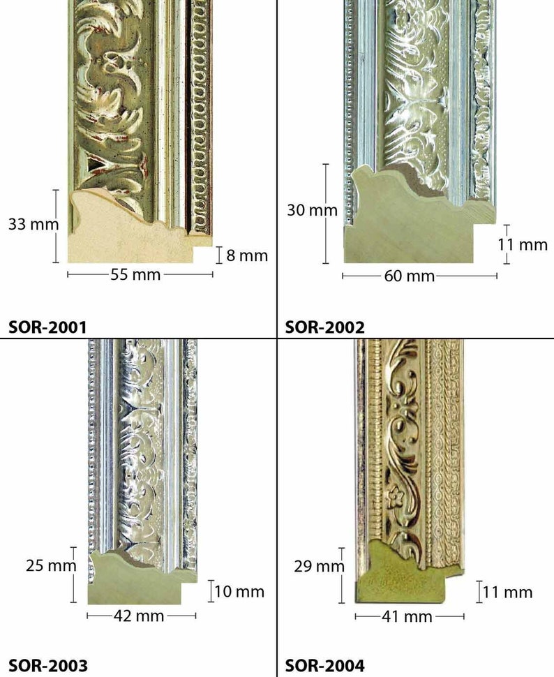May include: Four different picture frame profiles with measurements in millimetres. The frames are all ornate with gold and silver accents. The frames are labelled SOR-2001, SOR-2002, SOR-2003, and SOR-2004.