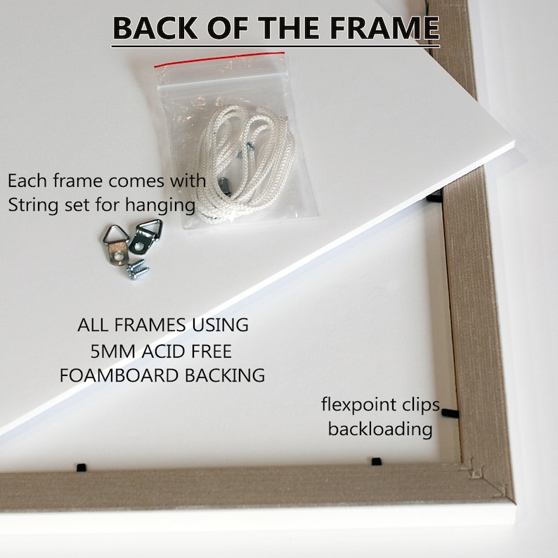 May include: The back of a white frame with a white foamboard backing. The frame includes a string set for hanging, two metal hooks, and two screws. The text "ALL FRAMES USING 5MM ACID FREE FOAMBOARD BACKING" is printed on the foamboard. The text "flexpoint clips backloading" is printed on the frame.