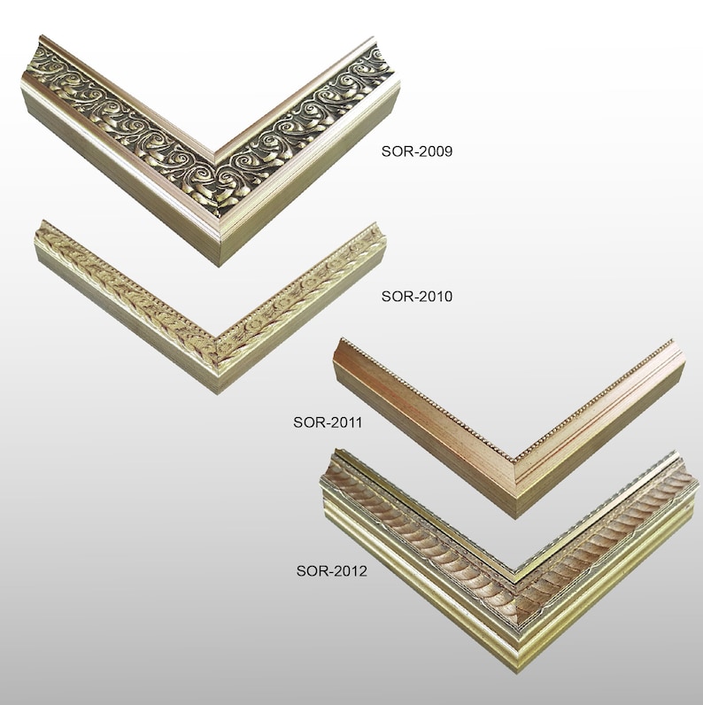 May include: Four ornate picture frames in gold and brown tones. The frames are arranged in a staggered pattern, with the top frame being the most ornate. The frames are labelled with the numbers SOR-2009, SOR-2010, SOR-2011, and SOR-2012.
