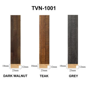 May include: Three wood frame samples in dark walnut, teak, and grey. Each sample measures 23 mm wide by 18 mm high with a 12 mm lip.