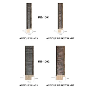 May include: Two different picture frame styles, RB-1001 and RB-1002, shown in Antique Black and Antique Dark Walnut finishes. The frames are 1.9 inches (4.8 cm) wide and 3.9 inches (9.9 cm) wide, respectively.