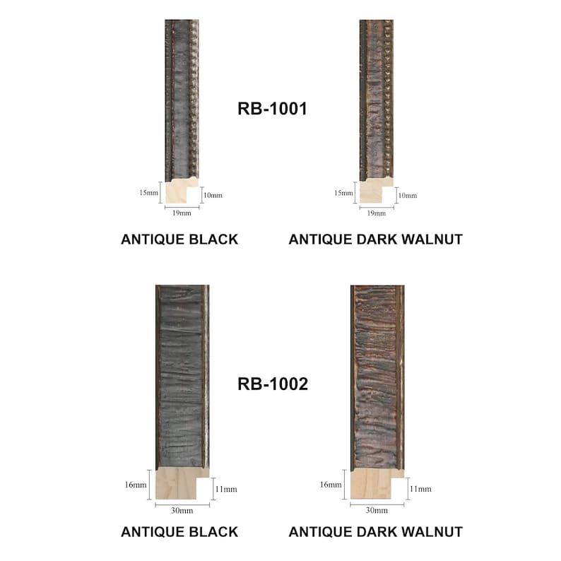 May include: Two different picture frame styles, RB-1001 and RB-1002, shown in Antique Black and Antique Dark Walnut finishes. The frames are 1.9 inches (4.8 cm) wide and 3.9 inches (9.9 cm) wide, respectively.