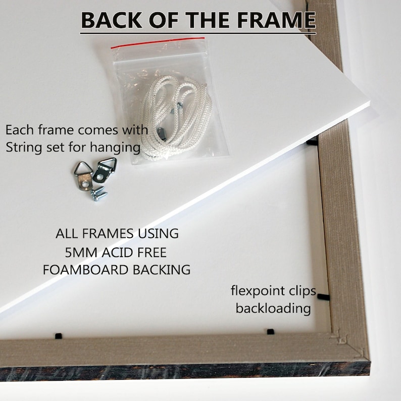 May include: Back of a frame with a white foamboard backing, a string for hanging, and two metal hooks. The text "ALL FRAMES USING 5MM ACID FREE FOAMBOARD BACKING" and "flexpoint clips backloading" is visible.