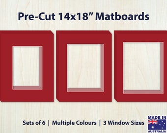 May include: Three red matboards, each with a different size window opening. The matboards are pre-cut to 14x18 inches. The text "Pre-Cut 14x18" Matboards" is at the top of the image. The text "Sets of 6 | Multiple Colours | 3 Window Sizes" is at the bottom of the image. A small graphic of the Australian flag with the text "MADE IN AUSTRALIA" is in the bottom right corner.