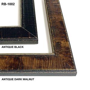 May include: Two picture frames, one in antique black and one in antique dark walnut. The frames are both wood with a distressed finish. The frames are both RB-1002.