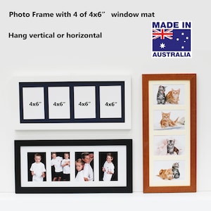 May include: White photo frame with four 4x6 inch openings, each with a navy blue mount. The frame is hanging on a white wall. Below the frame is a black frame with four 4x6 inch openings, each with a white mount. The frame is hanging on a white wall. To the right of the frames is a brown wood frame with four 4x6 inch openings, each with a cream mount. The frame is hanging on a white wall. The text "MADE IN AUSTRALIA" is printed on a blue and white Australian flag.