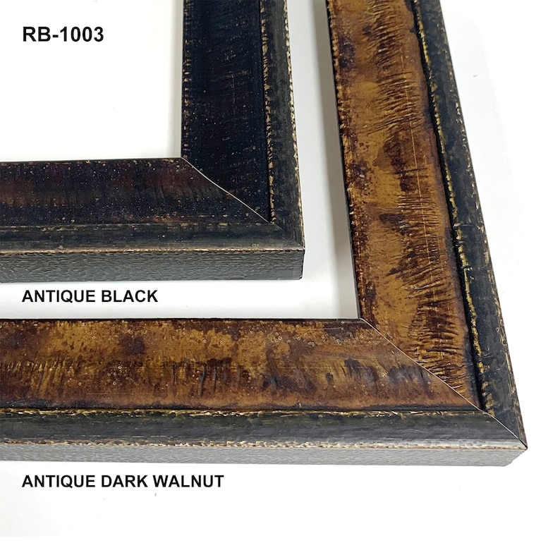May include: Two picture frame samples in different colors. The top frame is labeled "RB-1003" and "Antique Black". The bottom frame is labeled "Antique Dark Walnut".