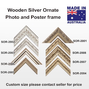 May include: Eight ornate silver picture frames with different designs. The frames are arranged in two columns of four. The frames are made of wood and have a silver finish. The frames are labelled with the following codes: SOR-2001, SOR-2002, SOR-2003, SOR-2004, SOR-2005, SOR-2006, SOR-2007, SOR-2008. The text "Custom size please contact seller for price" is at the bottom of the image.