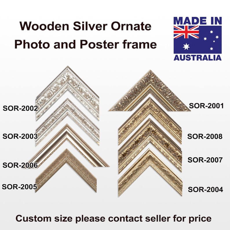 May include: Eight ornate silver picture frames with different designs. The frames are arranged in two columns of four. The frames are made of wood and have a silver finish. The frames are labelled with the following codes: SOR-2001, SOR-2002, SOR-2003, SOR-2004, SOR-2005, SOR-2006, SOR-2007, SOR-2008. The text "Custom size please contact seller for price" is at the bottom of the image.