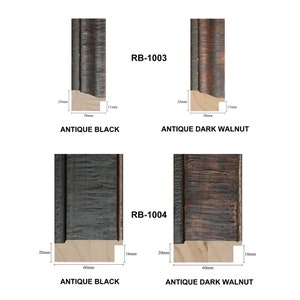 May include: Two wood picture frame samples in antique black and antique dark walnut finishes. The frames are labeled "RB-1003" and "RB-1004". The measurements of each frame are shown in millimeters.