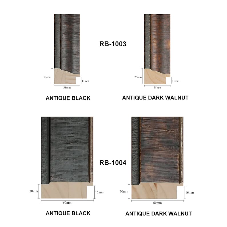 May include: Two wood picture frame samples in antique black and antique dark walnut finishes. The frames are labeled "RB-1003" and "RB-1004". The measurements of each frame are shown in millimeters.