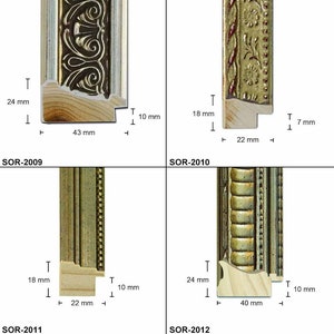 May include: Four different picture frames with ornate gold and silver trim. The frames are all different sizes and have different designs. The measurements of each frame are labelled in millimetres.