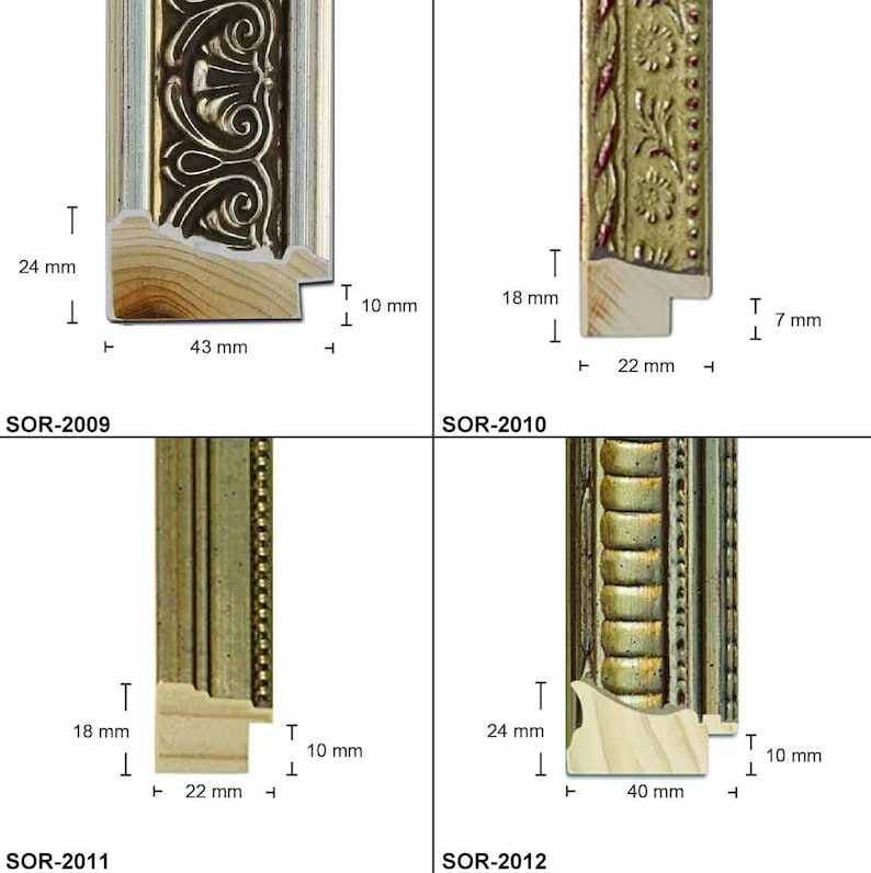 May include: Four different picture frames with ornate gold and silver trim. The frames are all different sizes and have different designs. The measurements of each frame are labelled in millimetres.