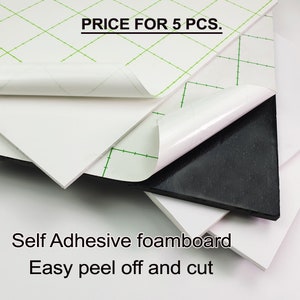 May include: Five sheets of white self-adhesive foam board with a green grid pattern on the back. The foam board is easy to peel and cut. "PRICE FOR 5 PCS." is printed at the top of the image.