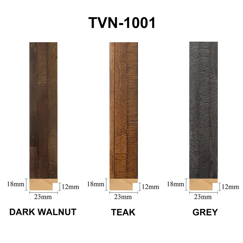 May include: Three wood frame samples in dark walnut, teak, and grey. Each sample measures 23 mm wide by 18 mm high with a 12 mm lip.