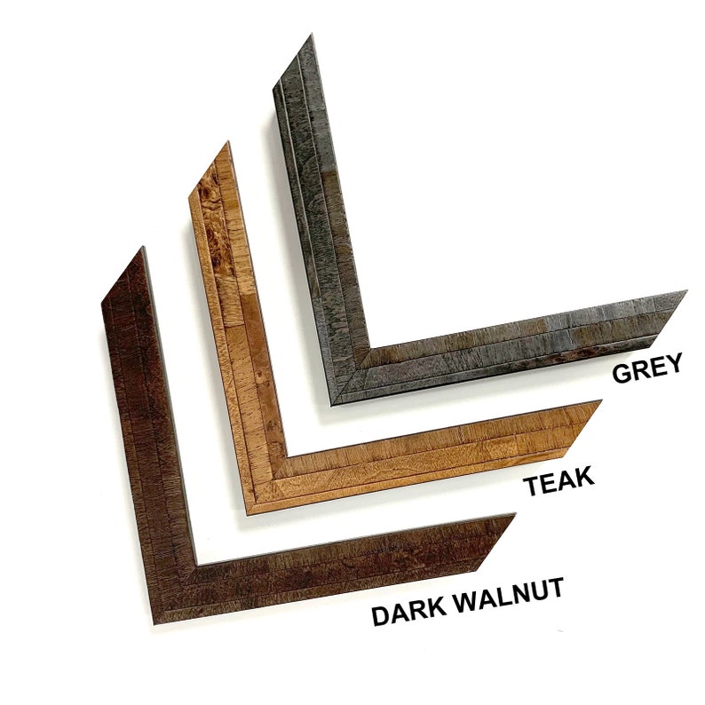 May include: Three picture frame samples in different wood finishes: dark walnut, teak, and grey.