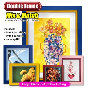 May include: Double frame picture frames in blue, yellow, green, and pink with a variety of images inside. The text "Mix & Match" and "Custom Your Color Combination" is at the top of the image. The text "Includes: - 2mm Clear Glass - 5mm Foamcore - Hanging Kit" is in the left corner of the image. The text "Large Sizes in Another Listing" is at the bottom of the image.