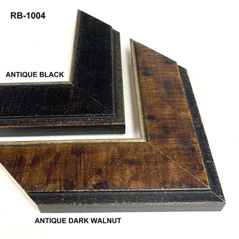 May include: Two picture frame samples, one in antique black and one in antique dark walnut. The frames are both wood with a distressed finish. The text "RB-1004" is at the top of the image.