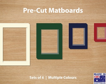 May include: Pre-cut matboards in sets of 6.  The matboards are shown in four colors: white, green, navy blue, and red.  Made in Australia.