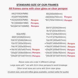 May include: A chart listing standard sizes for picture frames in inches and millimeters. The chart is divided into two sections: "Square" and "Standard". The chart also notes that frames come with clear glass or clear perspex.  Frames marked with an asterisk (*) are made with 2mm clear perspex to avoid breakage.  Frames without an asterisk are made with 2mm clear glass.