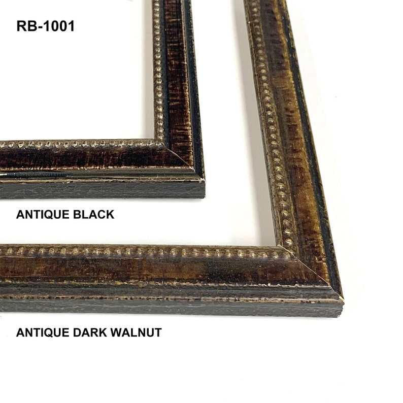 May include: Two picture frames, one in antique black and one in antique dark walnut, both with a beaded edge. The frames are labeled "RB-1001".