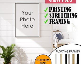 May include: A framed canvas print with the text "Your Photo Here." The image also includes the words "CANVAS," "PRINTING," "STRETCHING," and "FRAMING." Custom sizes are available. Floating frames in white, raw, and black are shown.