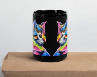Taza negra brillante con diseño de gatos psicodélicos