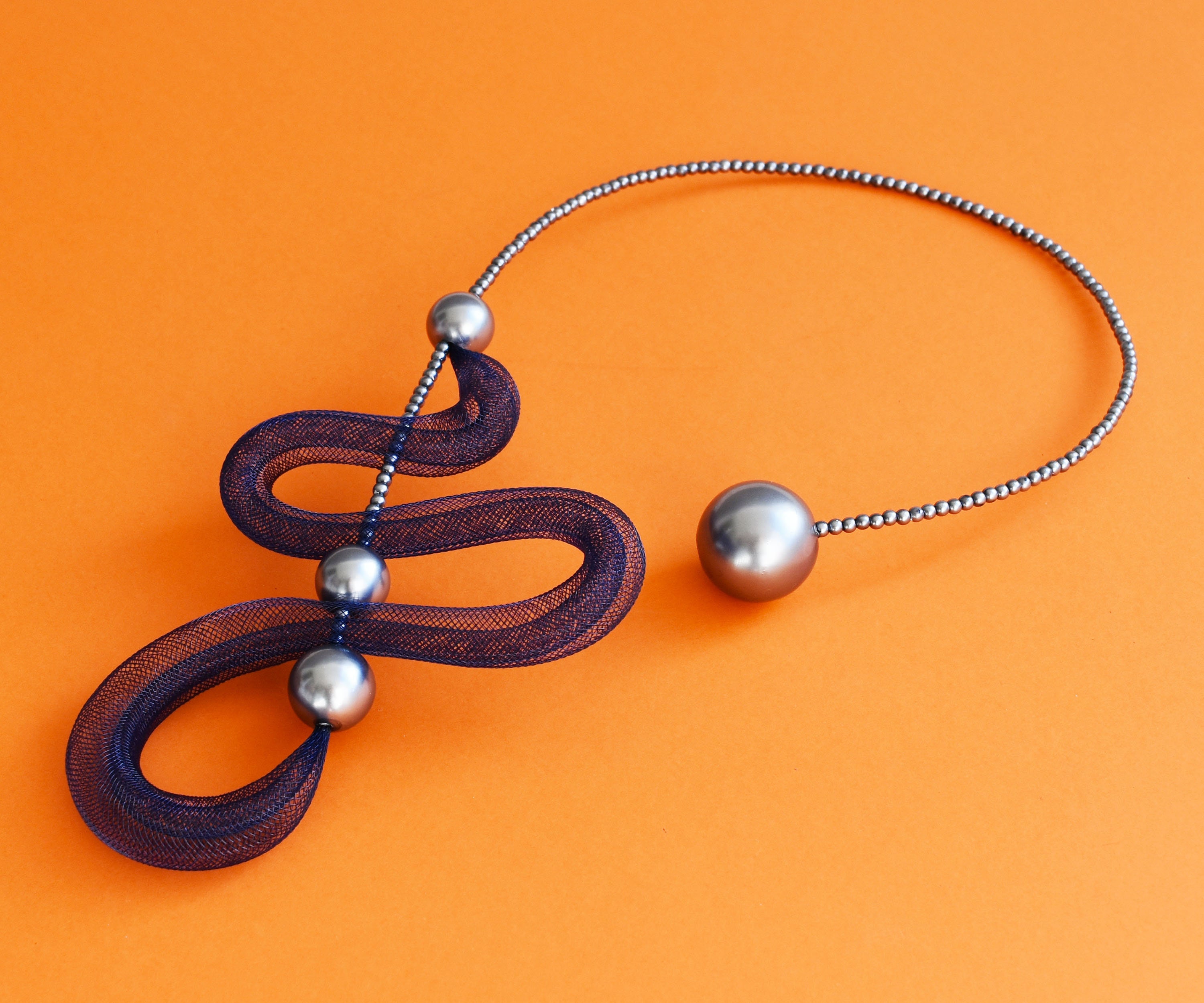 Open Art Necklace in Matte Silver and Navy Blue Combo., Contemporary