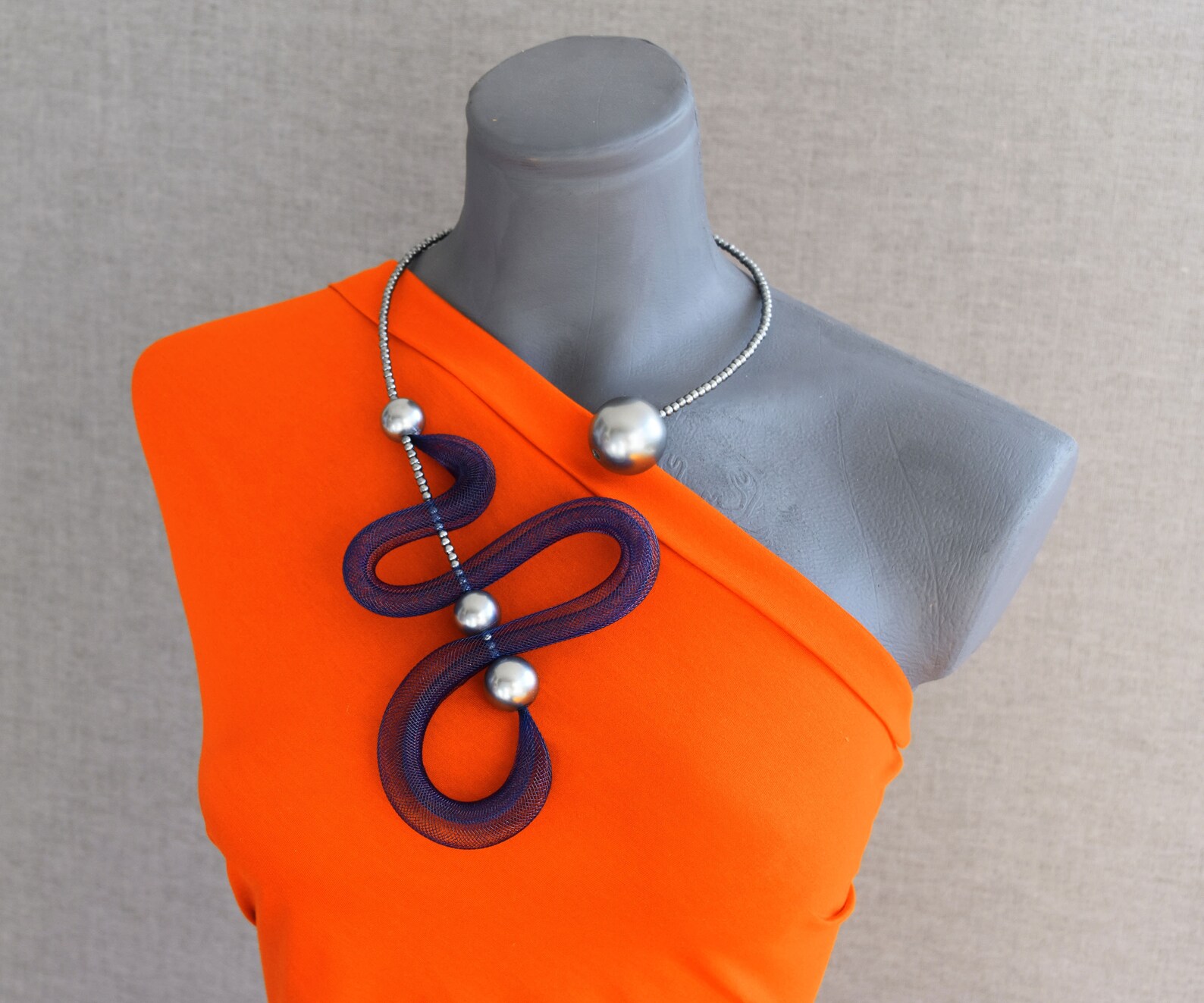 Open Art Necklace in Matte Silver and Navy Blue Combo., Contemporary