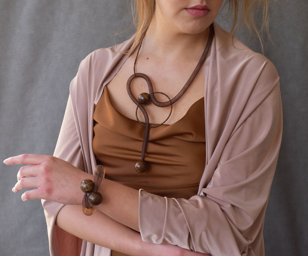 Brown Mesh Necklace, Contemporary Asymmetric Necklace, Unusual Necklace