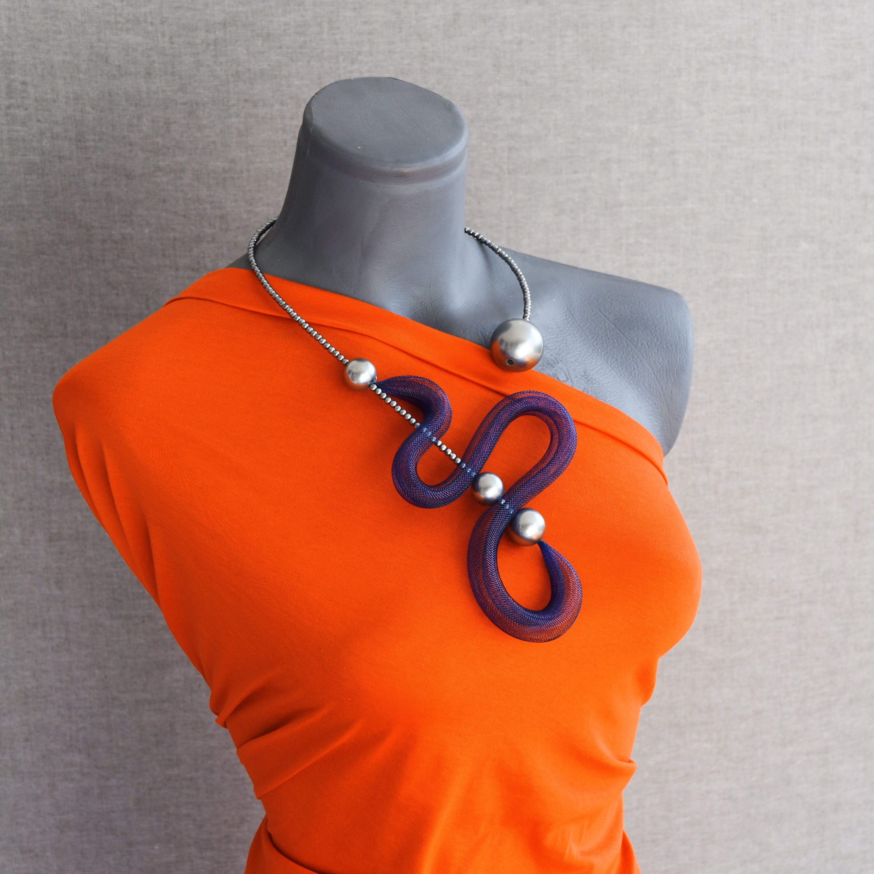 Open Art Necklace in Matte Silver and Navy Blue Combo., Contemporary