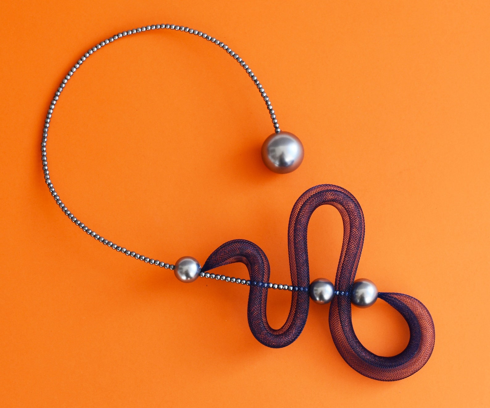 Open Art Necklace in Matte Silver and Navy Blue Combo., Contemporary