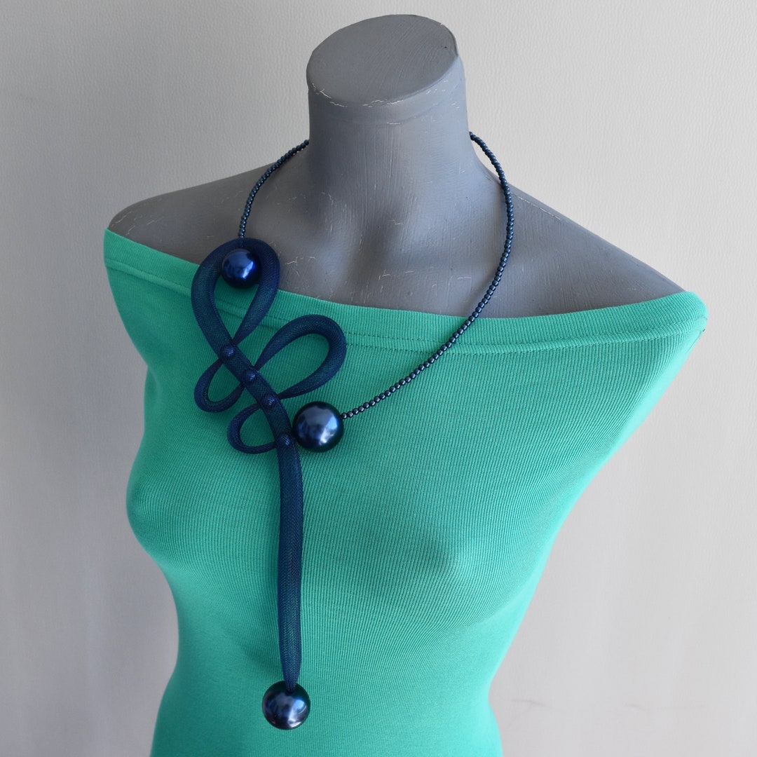 Navy Blue Shades Asymmetric Mesh Necklace, Art Necklace, Unusual Collar