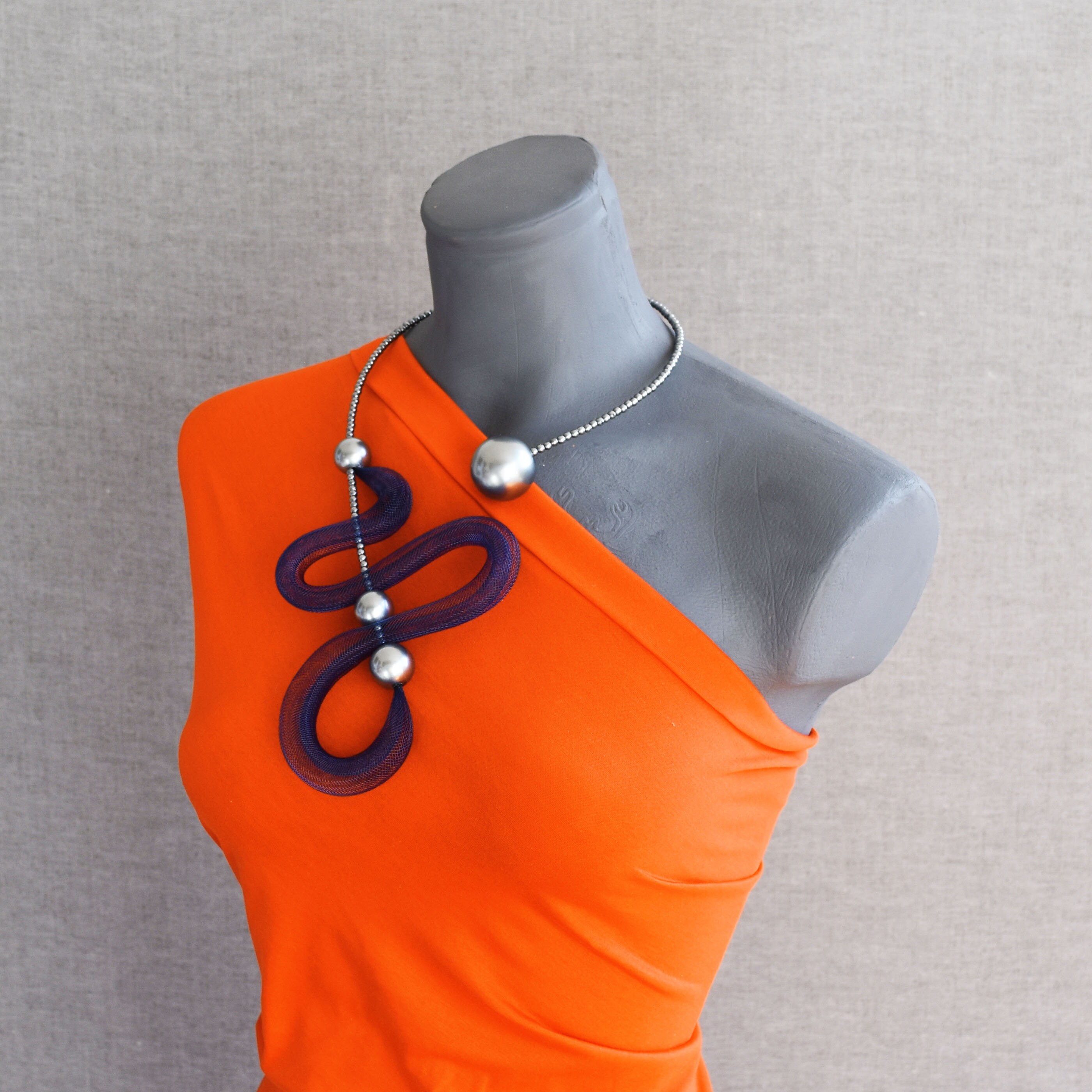 Open Art Necklace in Matte Silver and Navy Blue Combo., Contemporary