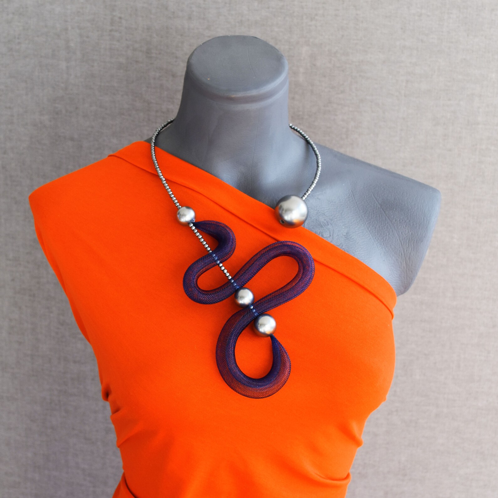 Open Art Necklace in Matte Silver and Navy Blue Combo., Contemporary